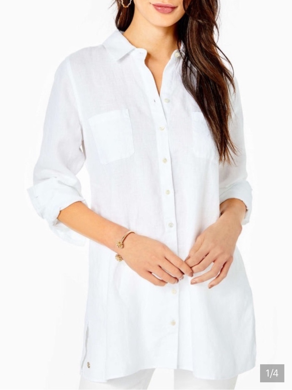 Lily Pulitzer sea view linen button down white small tunic blouse coastal FLAW